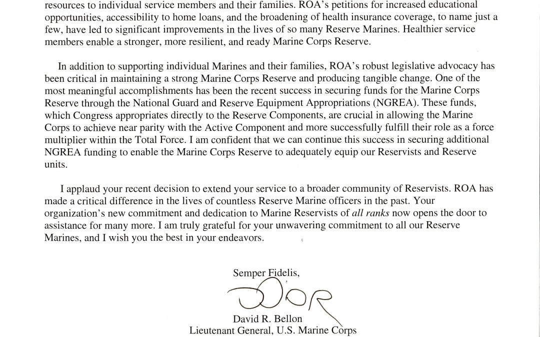 A special thanks to ROA from Lt. Gen. David G. Bellon, USMCR