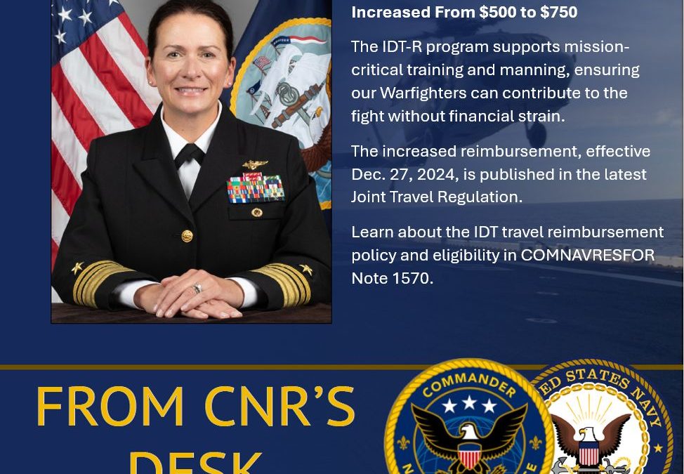 U.S. Navy Reserve announces travel reimbursement increase for IDT-R
